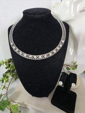 Vintage Rhodium Plated Lattice Choker & Stud Earring Set Cubic Zirconia